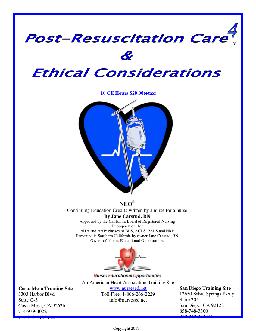 RN Continuing Education Post Resuscitation Care Home Course